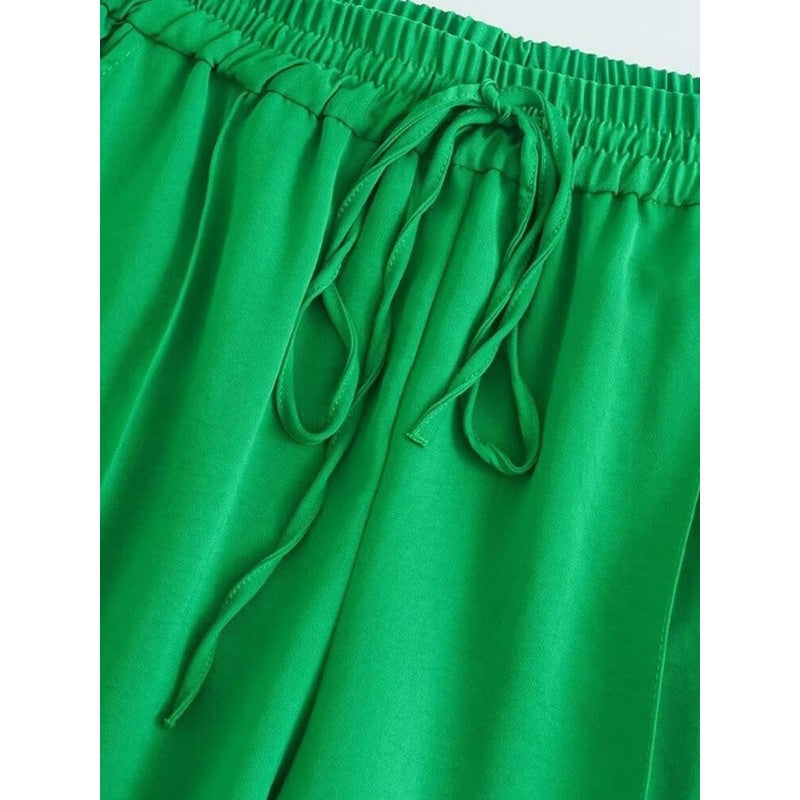 Green High Elastic Waist With Drawstring Female Pants