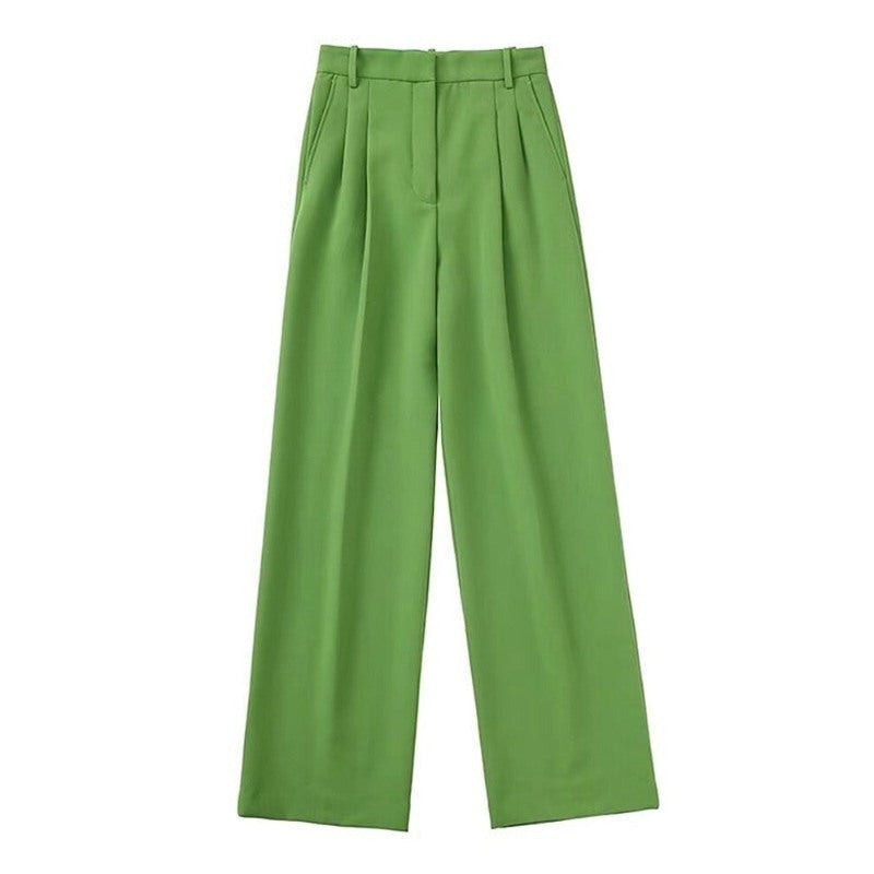 Vintage Green Mid Waist Zipper Fly Female Pant