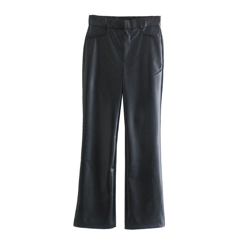 High Waist Black Faux Leather Flare Pants