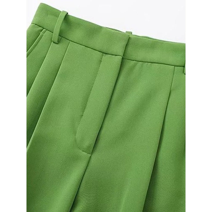 Vintage Green Mid Waist Zipper Fly Female Pant