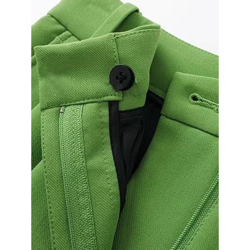 Vintage Green Mid Waist Zipper Fly Female Pant