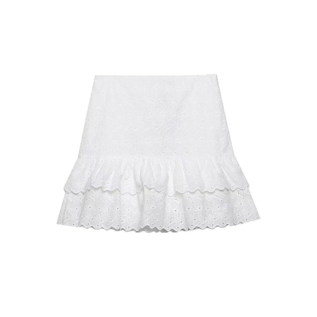 Women's Mini Skirt With Ruffled Cutwork Embroidery