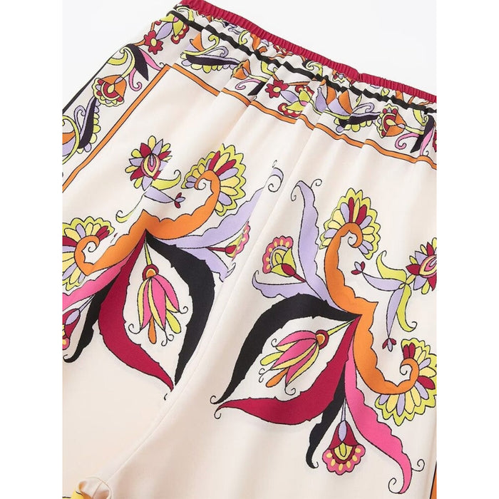 Contrast Printed Vintage High Waist Wide Leg Pants