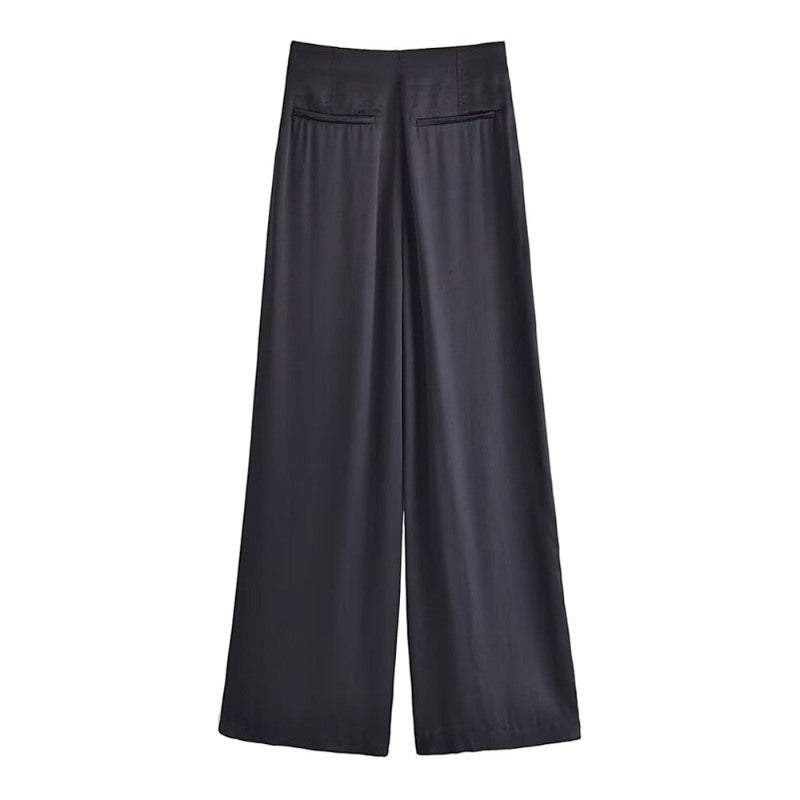 Stylish Solid Colors Front Darts Satin Straight Pants