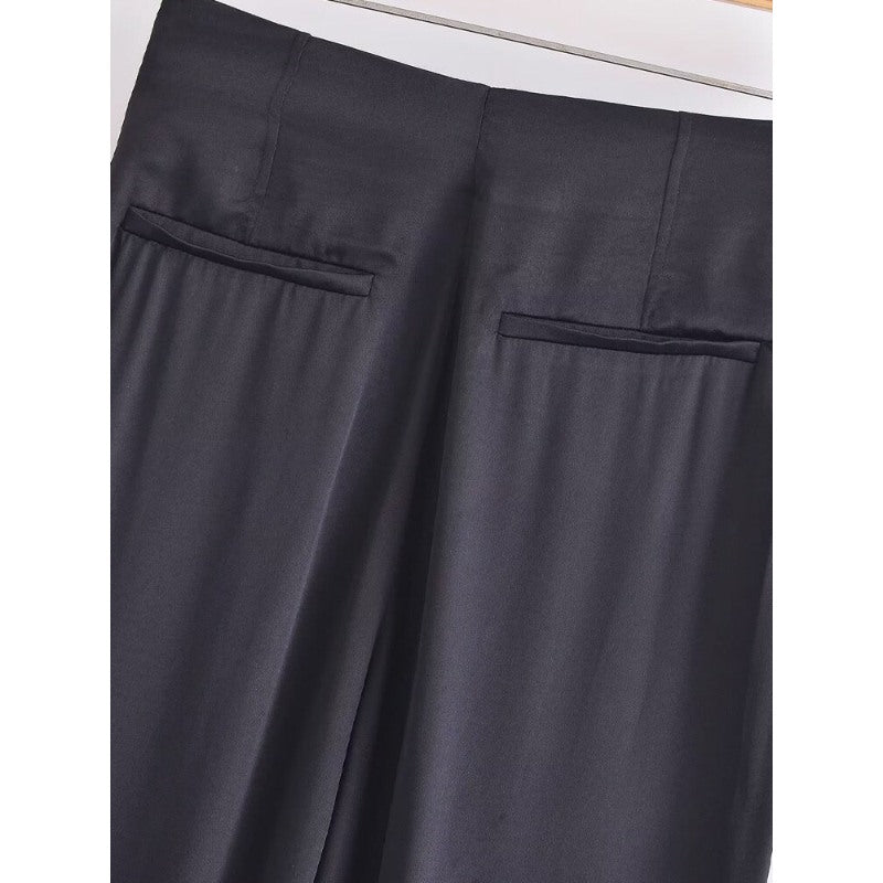 Stylish Solid Colors Front Darts Satin Straight Pants