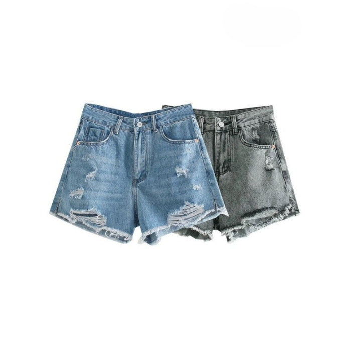 Women's Mid Waist Ripped Denim Shorts With Frayed Tassel