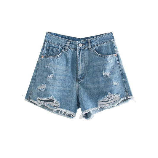 Women's Mid Waist Ripped Denim Shorts With Frayed Tassel