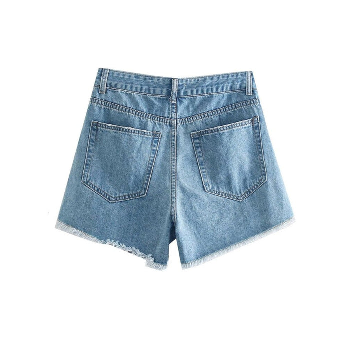 Women's Mid Waist Ripped Denim Shorts With Frayed Tassel