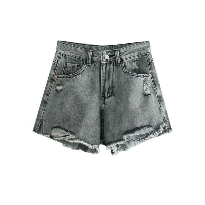 Women's Mid Waist Ripped Denim Shorts With Frayed Tassel