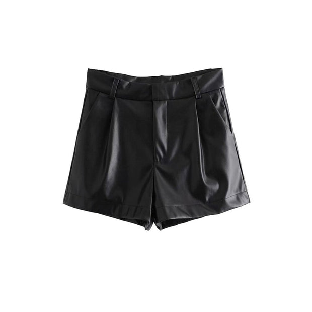 Women's Vintage High Waist Faux Leather Side Pockets Shorts Pants