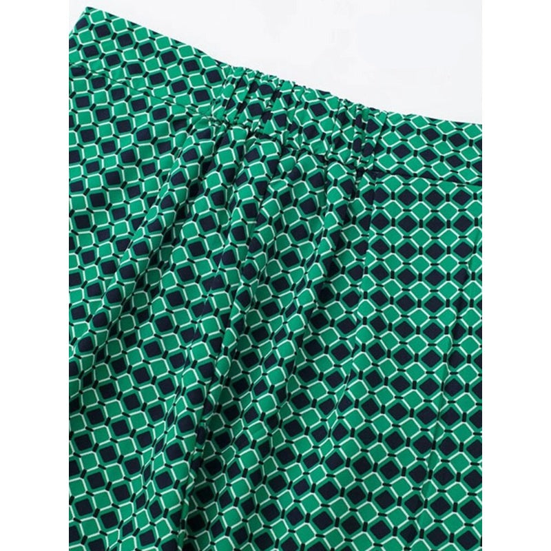 Black Green Geometric Print High Waist Straight Pants