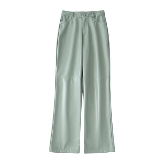 Gray Faux Leather High Waist Straight Pant