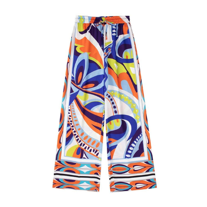 High Waist Printed Wide Leg Pant With Drawstrings