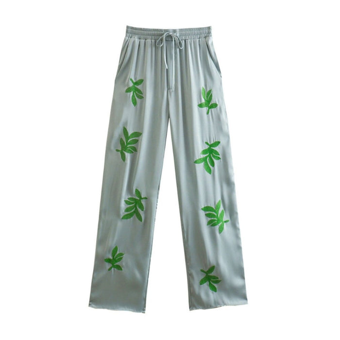 Leaf Embroidery Satin High Waist Pant