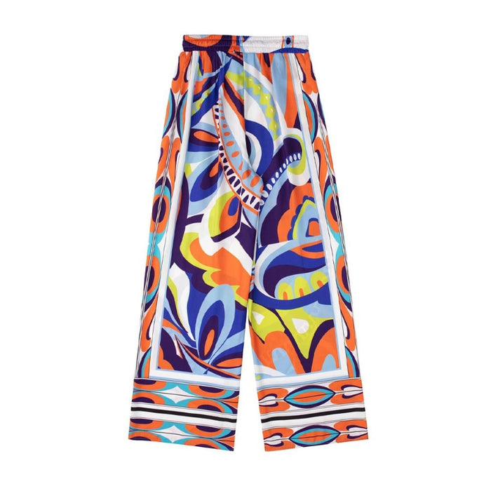 High Waist Printed Wide Leg Pant With Drawstrings