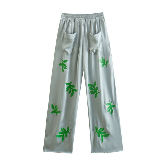 Leaf Embroidery Satin High Waist Pant