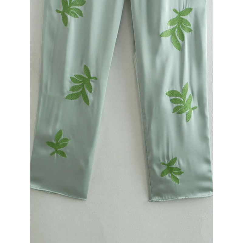 Leaf Embroidery Satin High Waist Pant