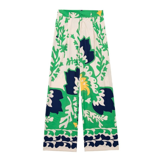 Vintage Green High Waist Printed Wide Leg Pant