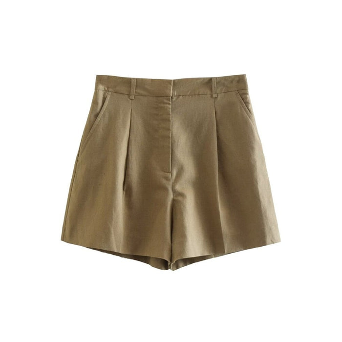 Women's Front Pleats Side Pockets Linen Shorts