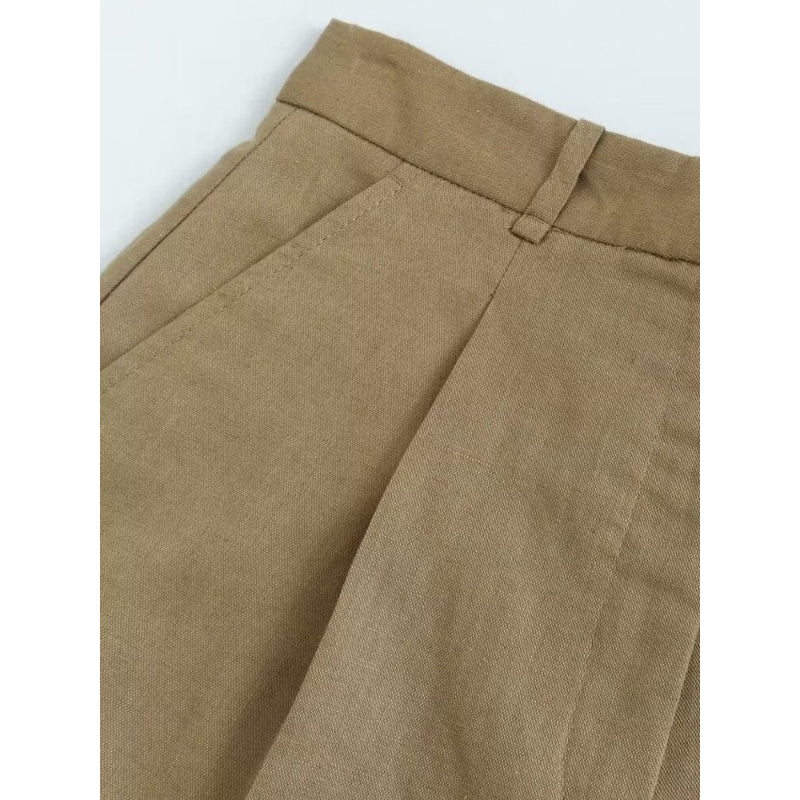 Women's Front Pleats Side Pockets Linen Shorts