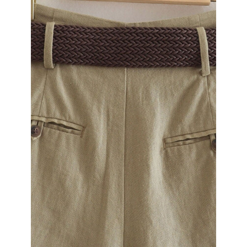 Vintage Linen Shorts With Belt Front Pleats