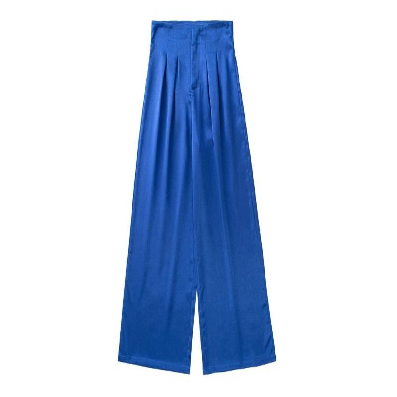 Pleated High Waist Full-Length Satin Pants