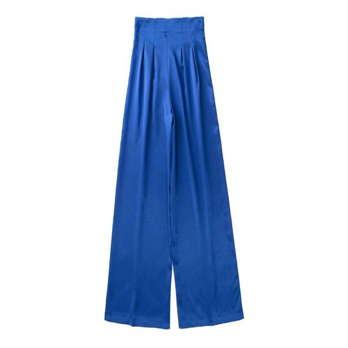 Pleated High Waist Full-Length Satin Pants