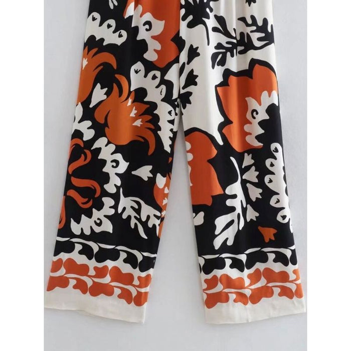 High Waist Front Darts Printed Wide Leg Pant