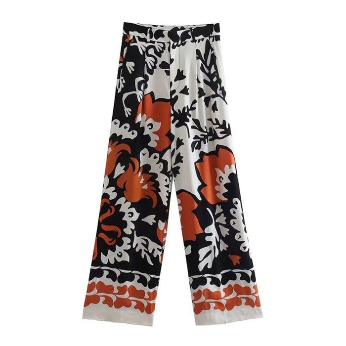 High Waist Front Darts Printed Wide Leg Pant