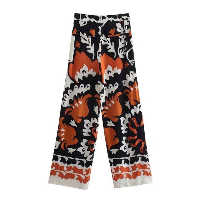 High Waist Front Darts Printed Wide Leg Pant