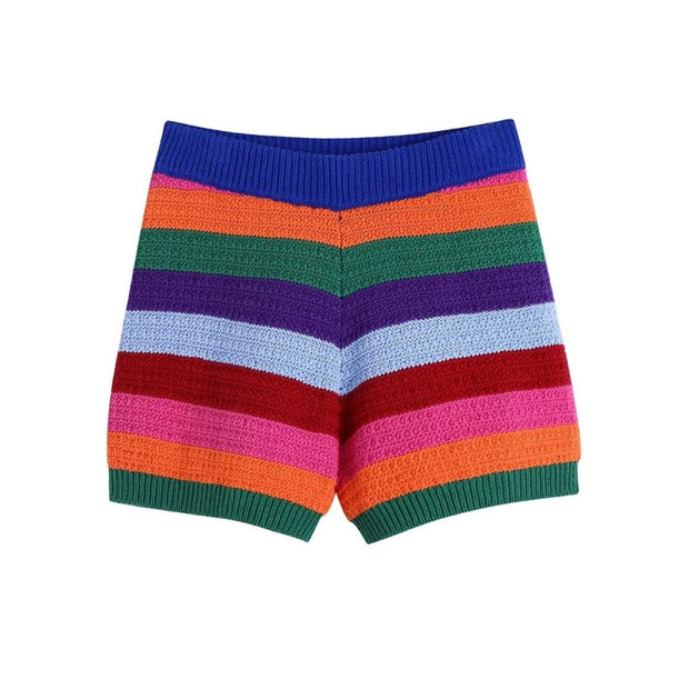 Women's Vintage Striped Knit Shorts With Elastic Waistbands
