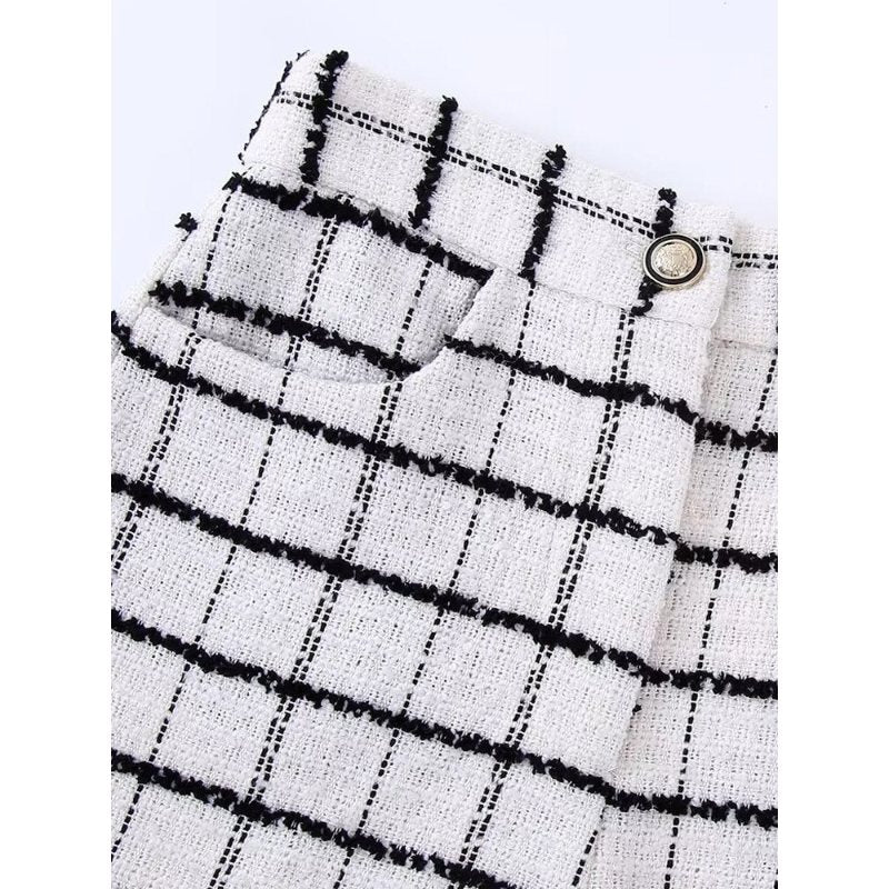 Tweed Plaid Vintage High Waist Zipper