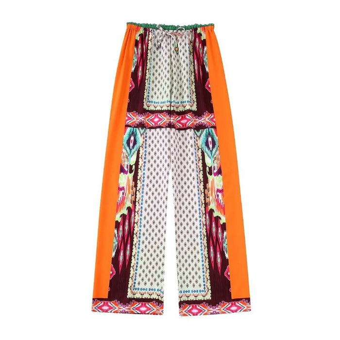 Beading Printed High Waist Wide Leg Pants