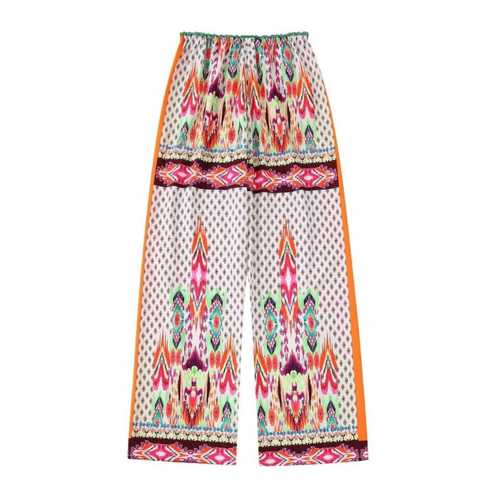 Beading Printed High Waist Wide Leg Pants