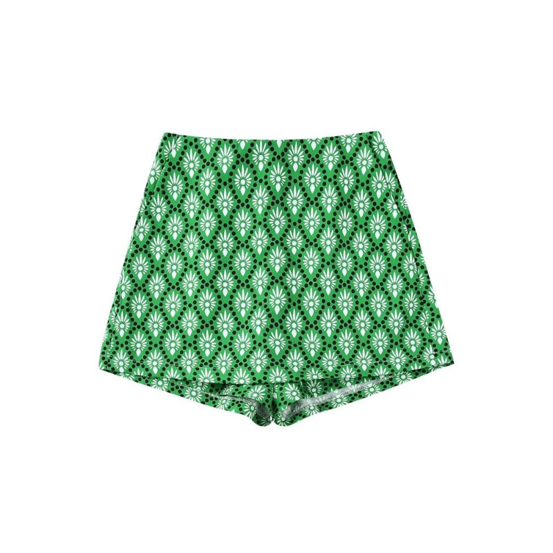 Women's High Waist Front Pockets Printed Shorts Skirt