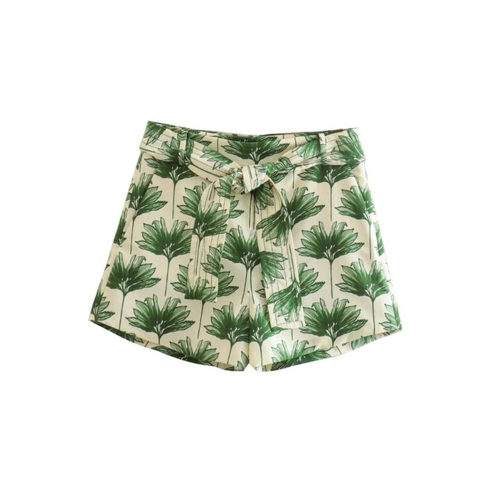 Women's Vintage Printed Shorts With Belt Side Pockets