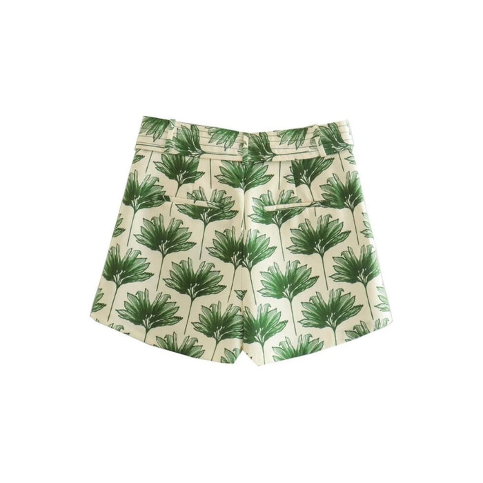 Women's Vintage Printed Shorts With Belt Side Pockets