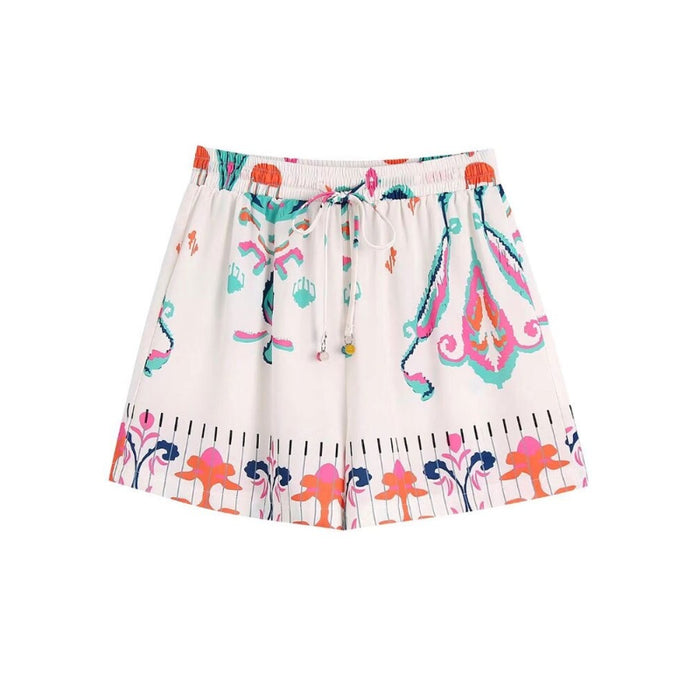 Women's High Elastic Contrast Printed Shorts With Drawstrings