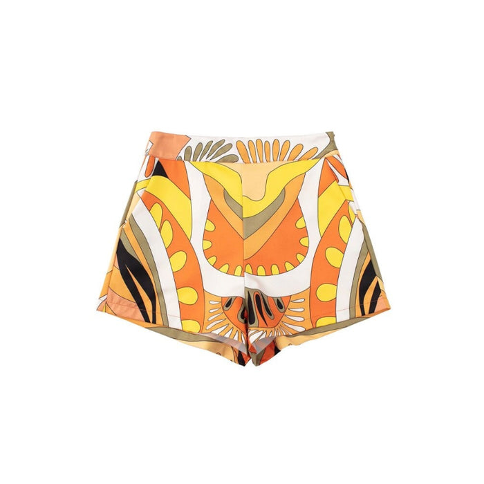 Women's High Waist Printed Shorts Front Pockets With Zipper