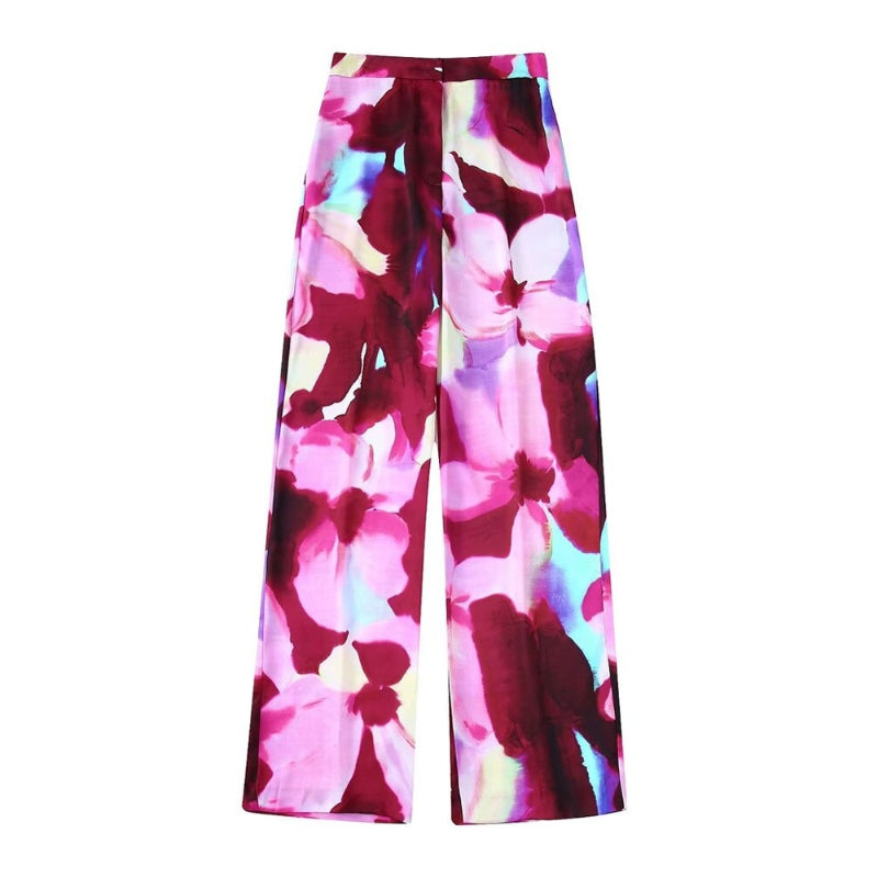 Pink Stylish Floral Printed High Waist Straight Pant