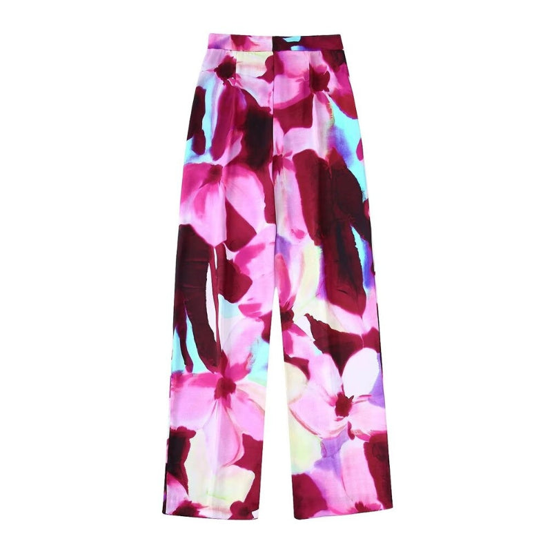 Pink Stylish Floral Printed High Waist Straight Pant