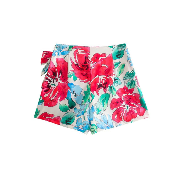 Women's High Waist Front Tied Bow Floral Print Shorts