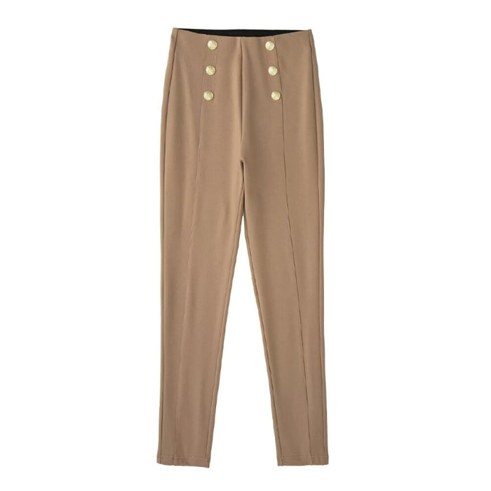 Khaki High Waist Gold Buttons Leggings Pant