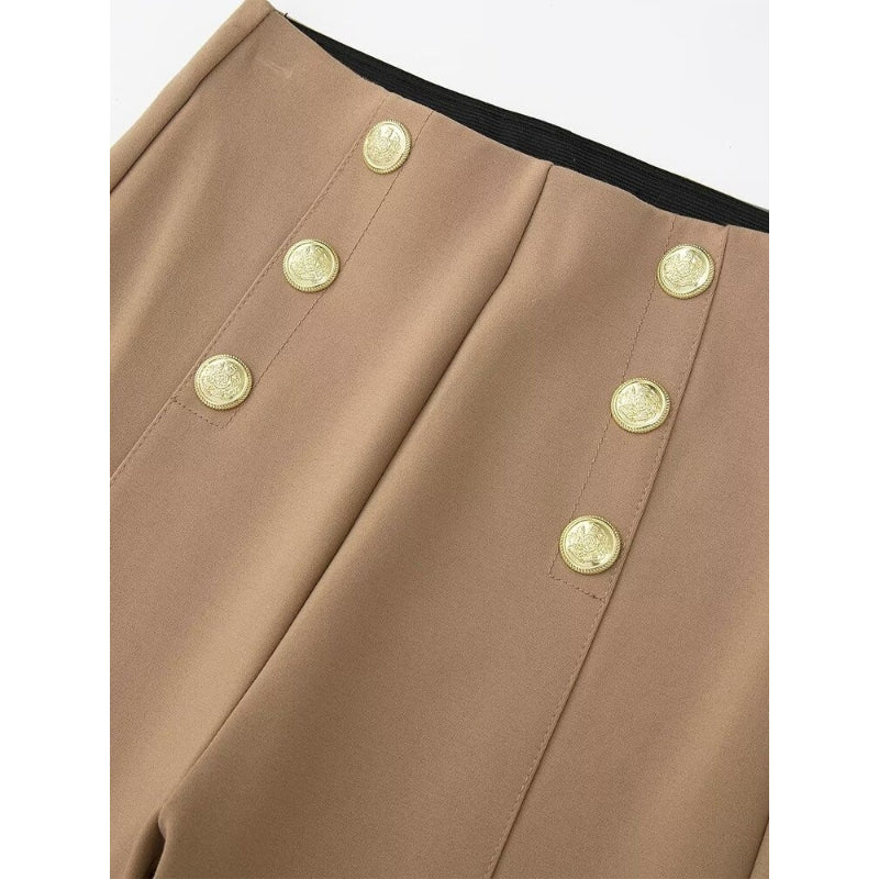 Khaki High Waist Gold Buttons Leggings Pant