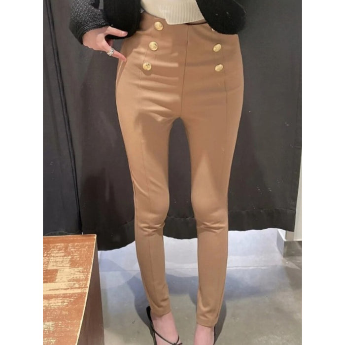 Khaki High Waist Gold Buttons Leggings Pant