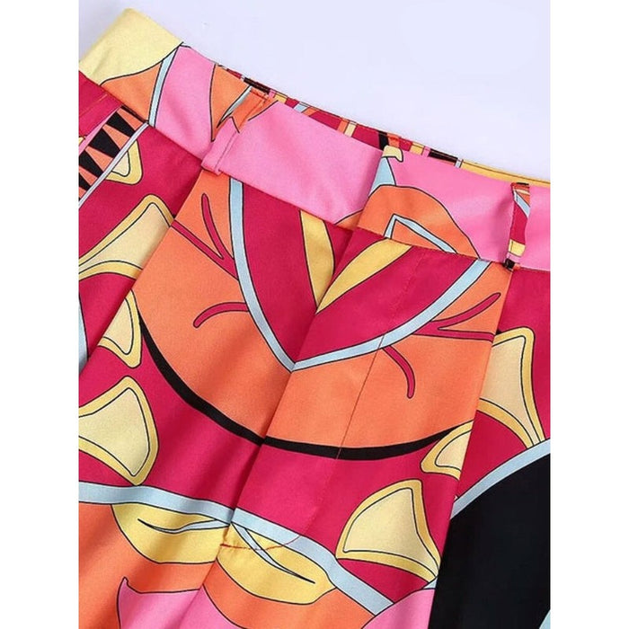 Front Darts Printed High Waist Wide Leg Pant