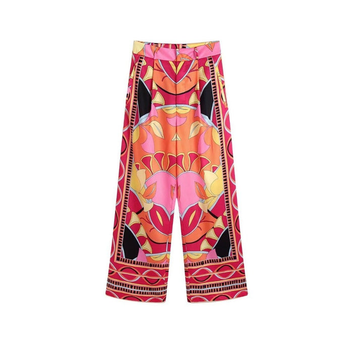 Front Darts Printed High Waist Wide Leg Pant