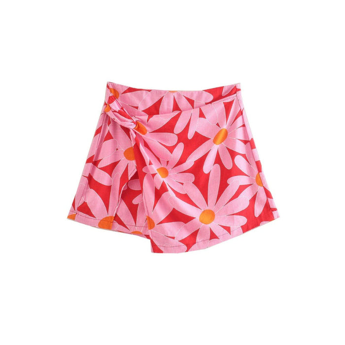 Women's High Waist Floral Print Shorts Skirt With Bow Tie