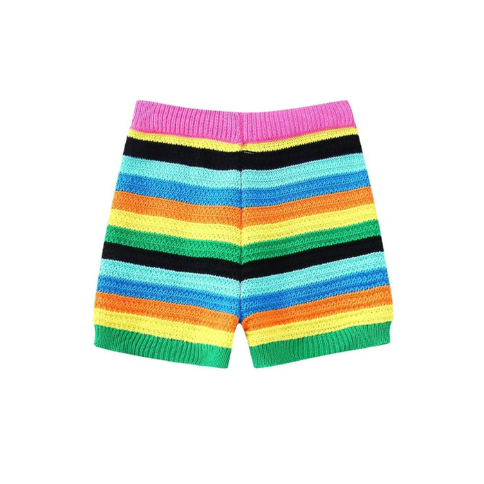 Women's High Waist Striped Knit Shorts With Elastic Waistbands