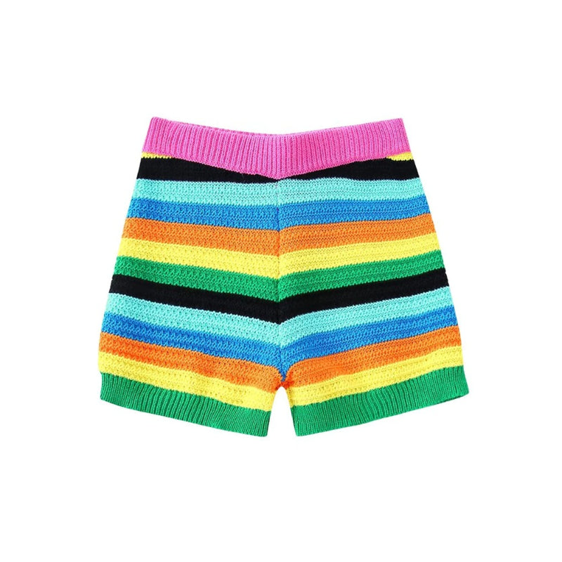 Women's High Waist Striped Knit Shorts With Elastic Waistbands